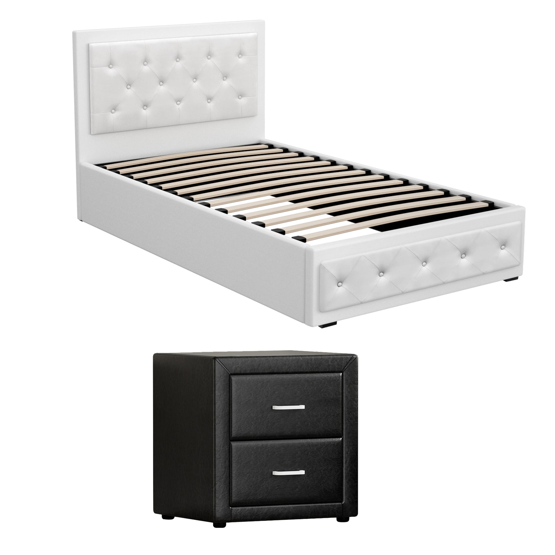 Artiss King Single Bed Frame Storage White Leather Gas Lift Bed Black Bedside Table Set Awezingly