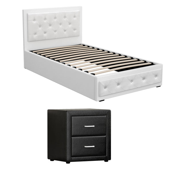 Artiss King Single Bed Frame Storage White Leather Gas Lift Bed Black Bedside Table Set Awezingly