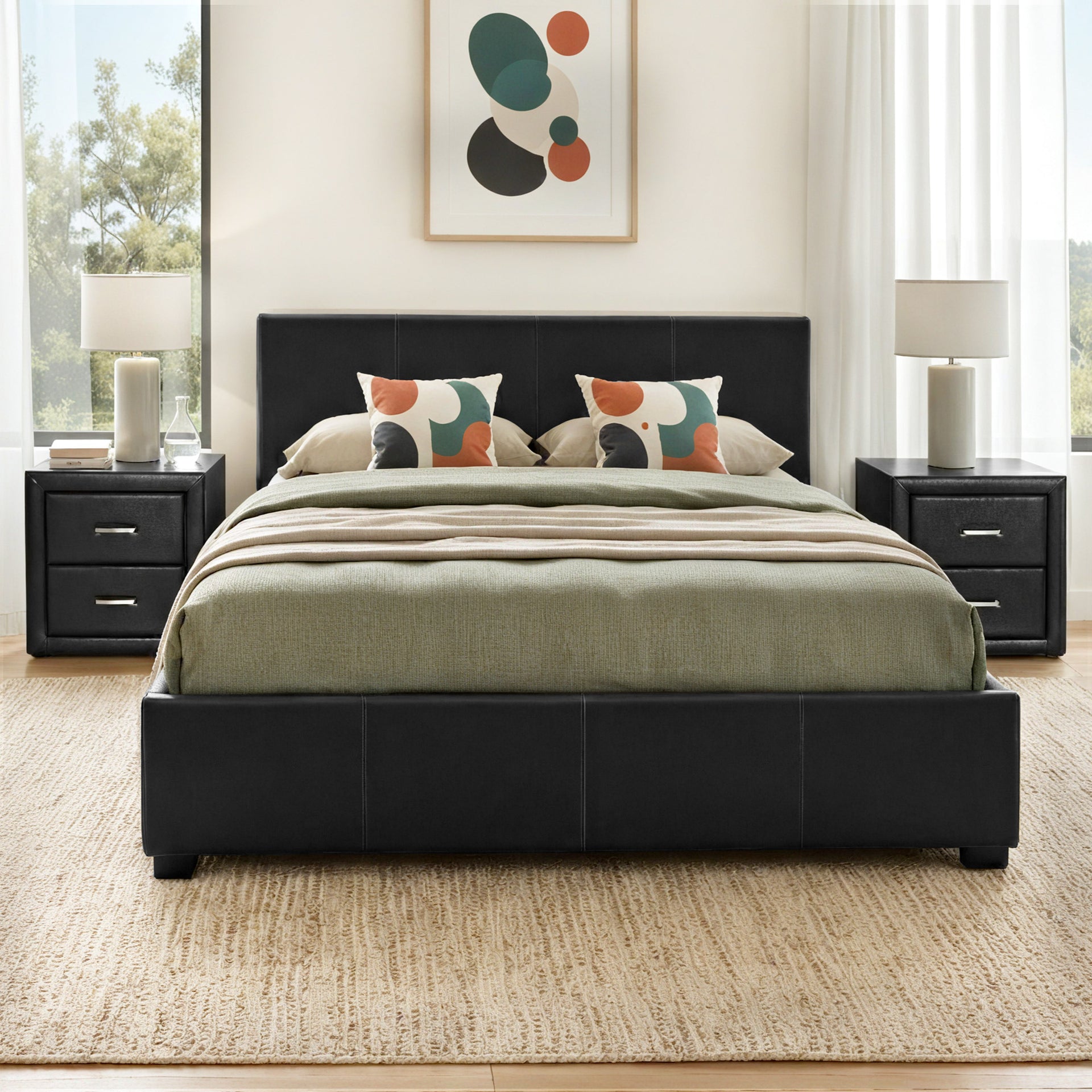 Artiss Gas Lift Queen Bed Frame and 2 Bedside Table Set Leather Black Awezingly