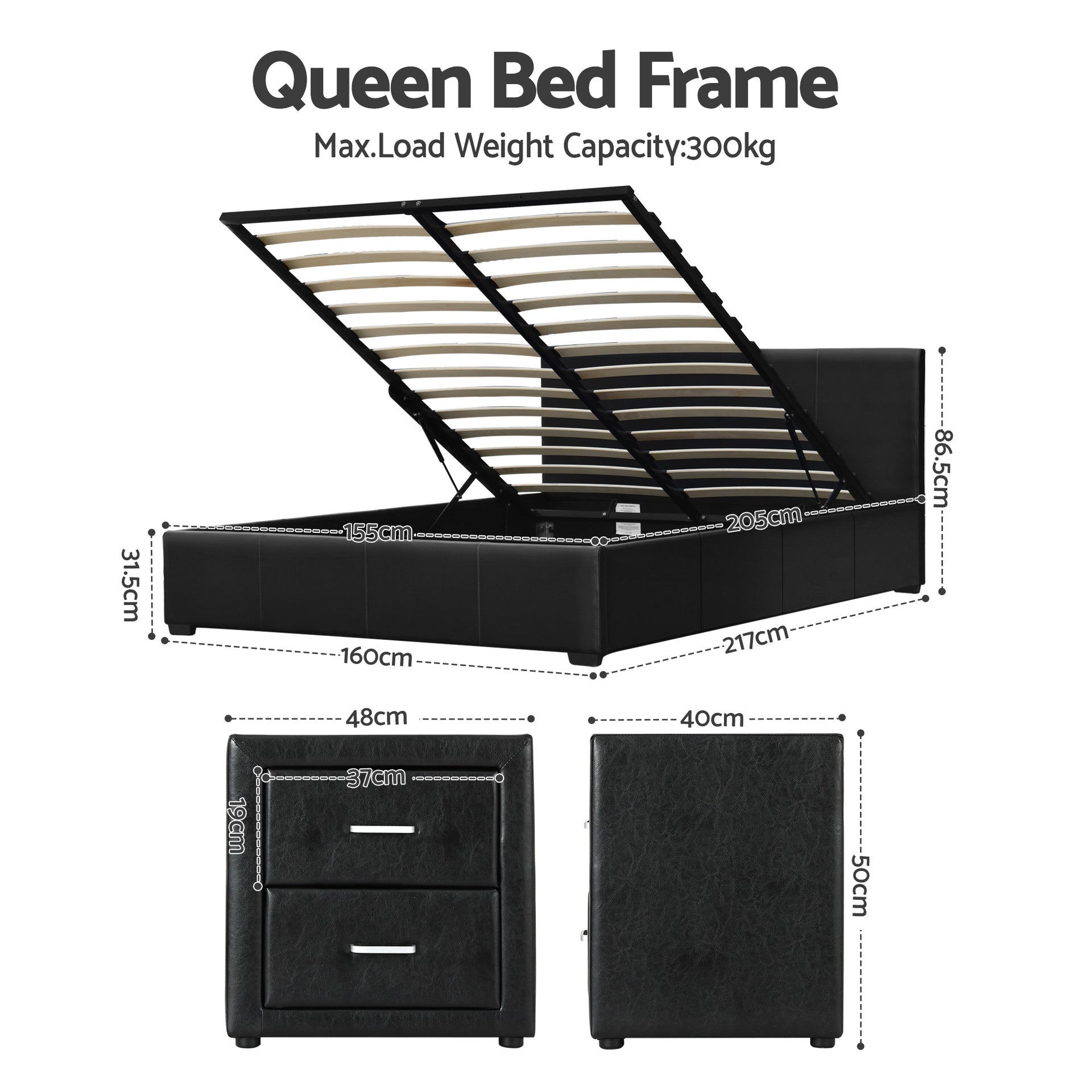 Artiss Gas Lift Queen Bed Frame and 2 Bedside Table Set Leather Black Awezingly