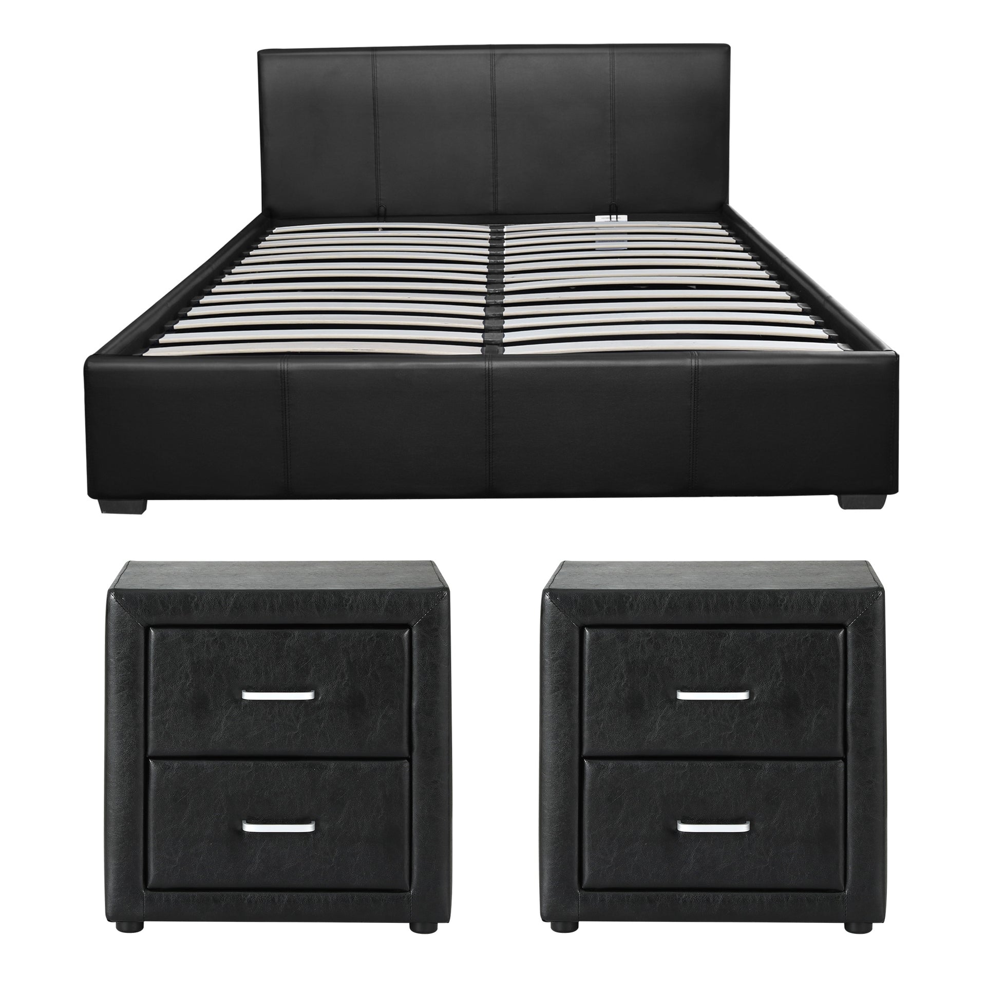 Artiss Gas Lift Queen Bed Frame and 2 Bedside Table Set Leather Black Awezingly