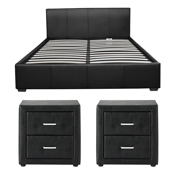 Artiss Gas Lift Queen Bed Frame and 2 Bedside Table Set Leather Black Awezingly
