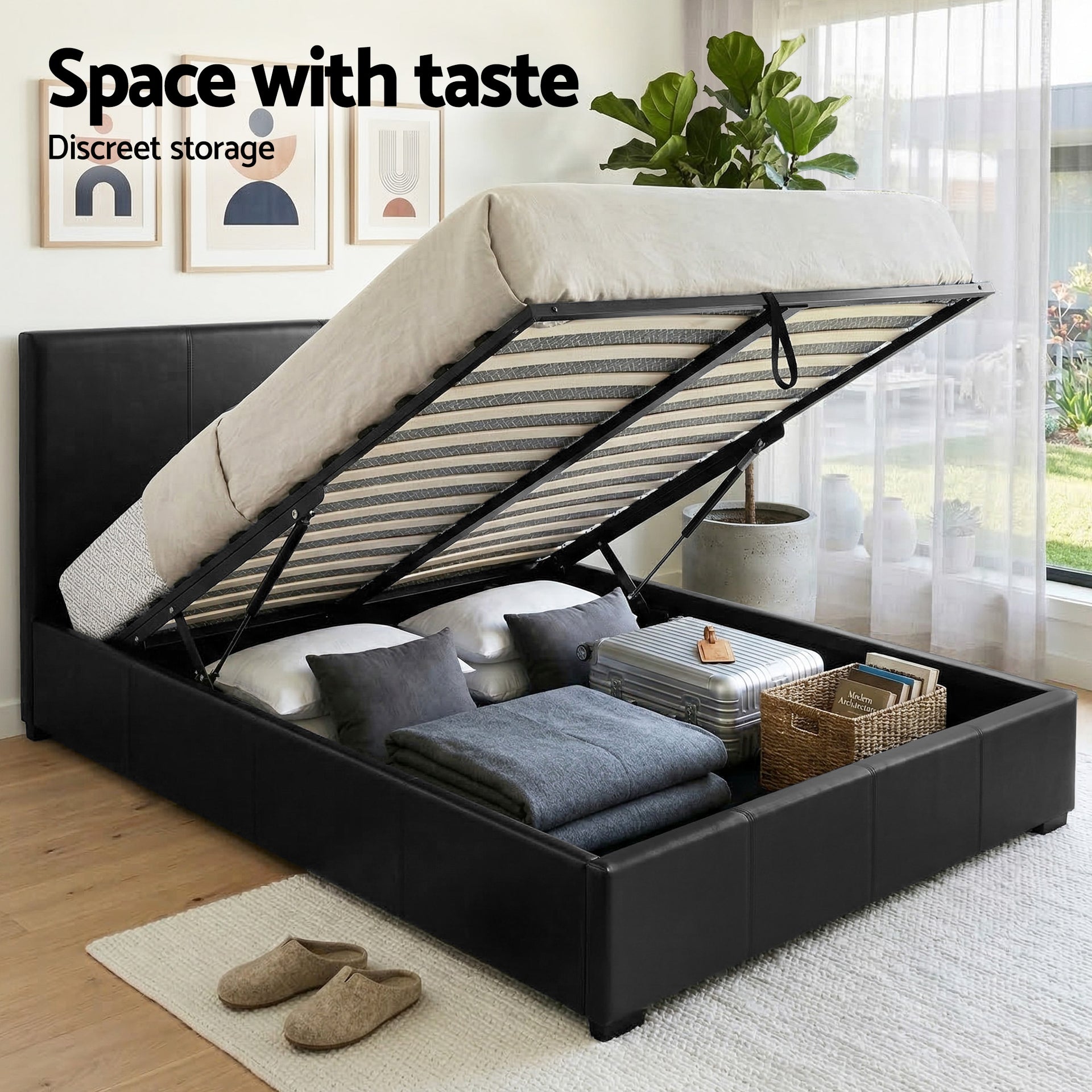 Artiss Gas Lift Queen Bed Frame and 2 Bedside Table Set Leather Black Awezingly