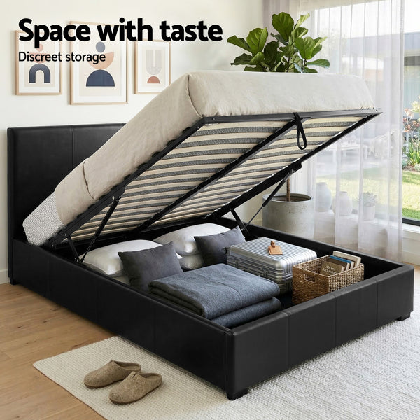 Artiss Gas Lift Queen Bed Frame and 2 Bedside Table Set Leather Black Awezingly