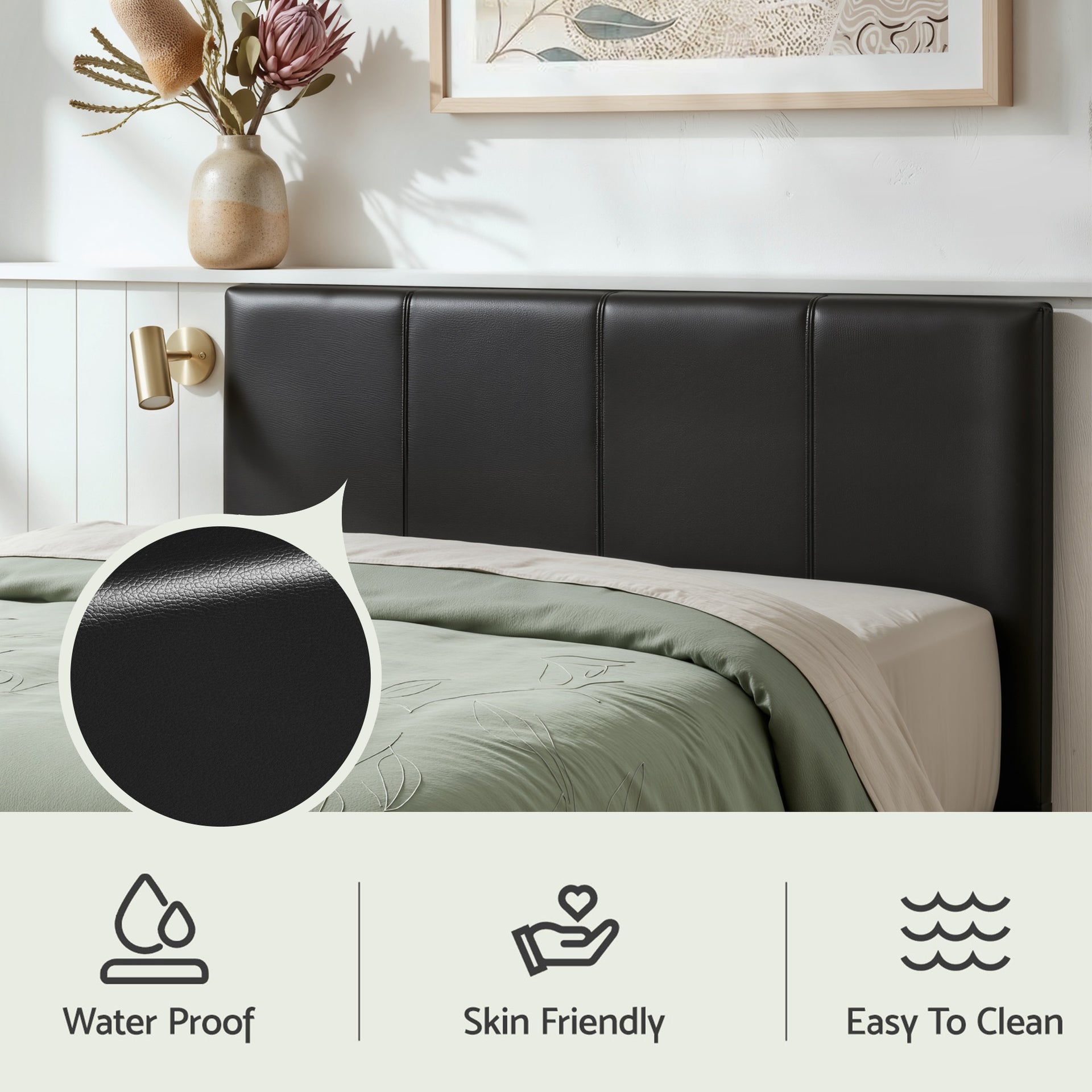 Artiss Gas Lift Queen Bed Frame and 2 Bedside Table Set Leather Black Awezingly
