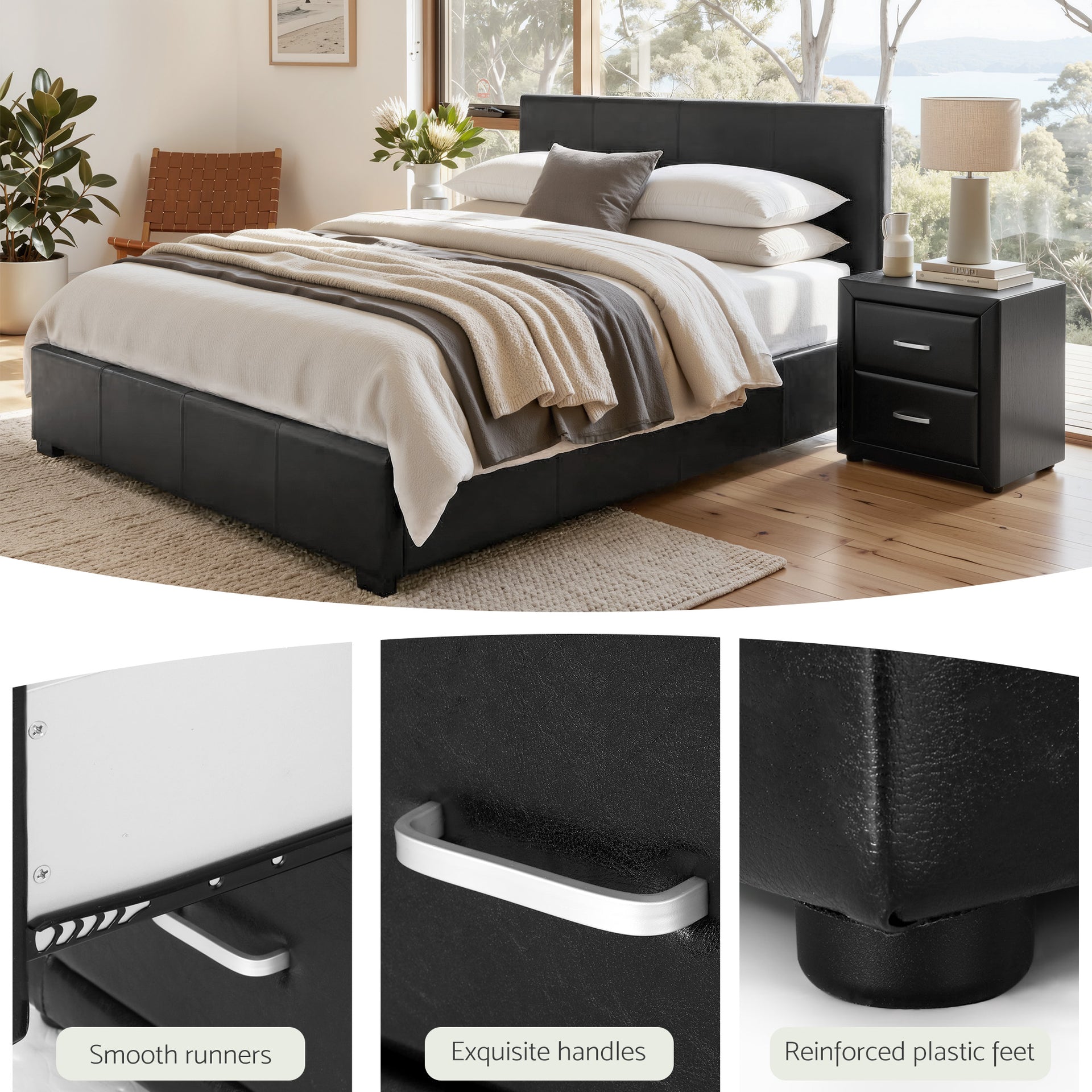 Artiss Gas Lift Queen Bed Frame and 2 Bedside Table Set Leather Black Awezingly