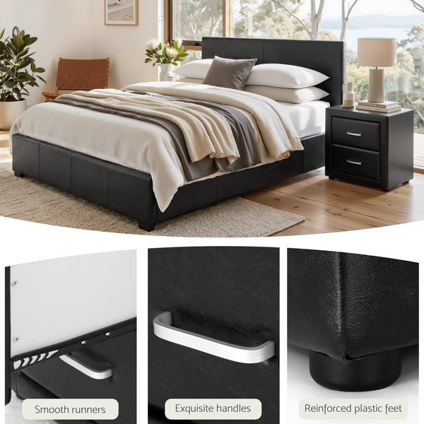 Artiss Gas Lift Queen Bed Frame and 2 Bedside Table Set Leather Black Awezingly