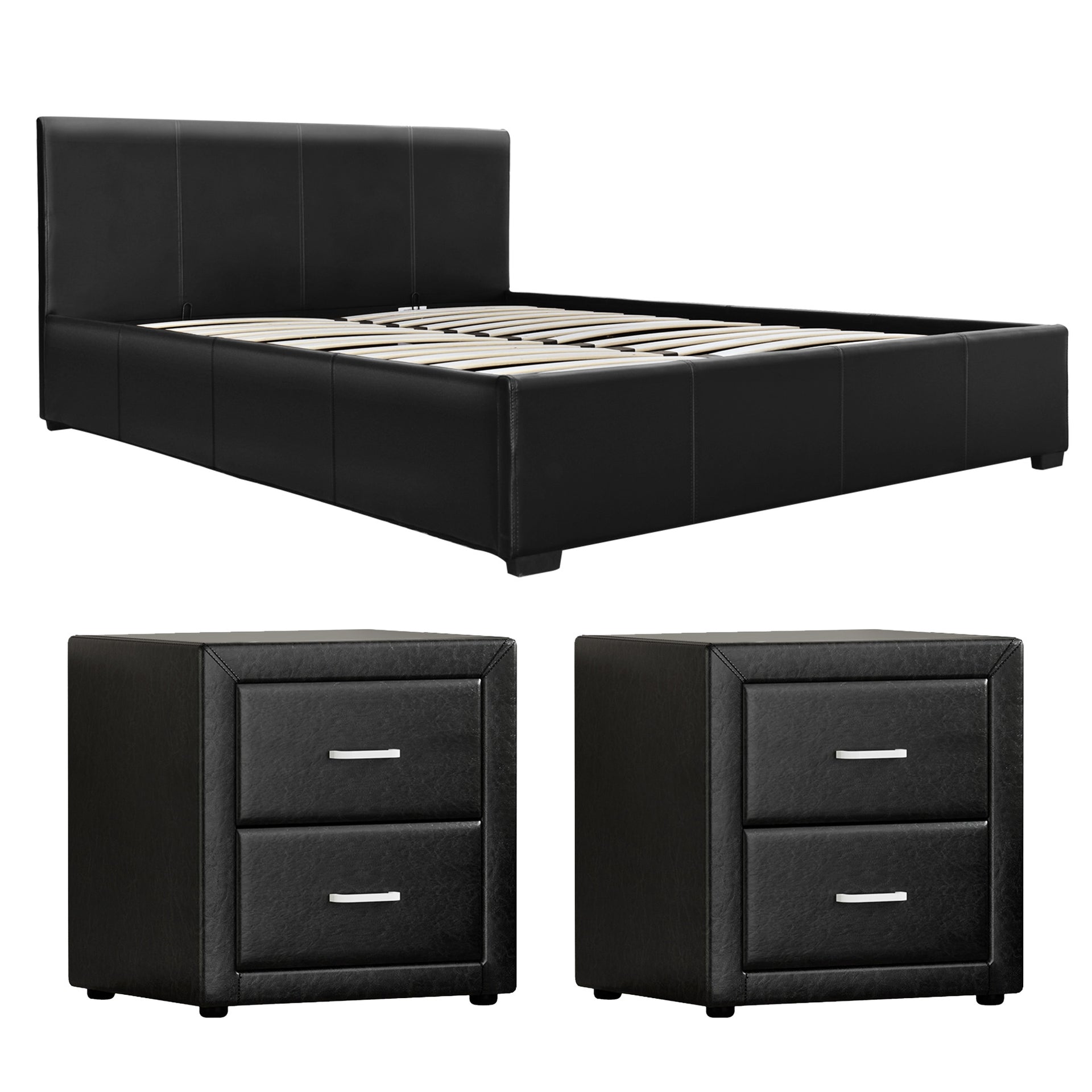 Artiss Gas Lift Queen Bed Frame and 2 Bedside Table Set Leather Black Awezingly