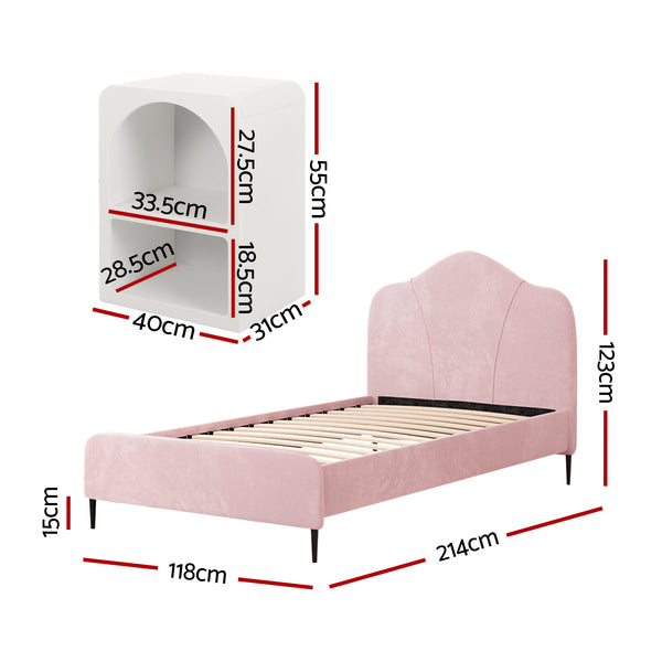Artiss King Single Storage Bed Frame Velvet with Bedside Table Pink Awezingly