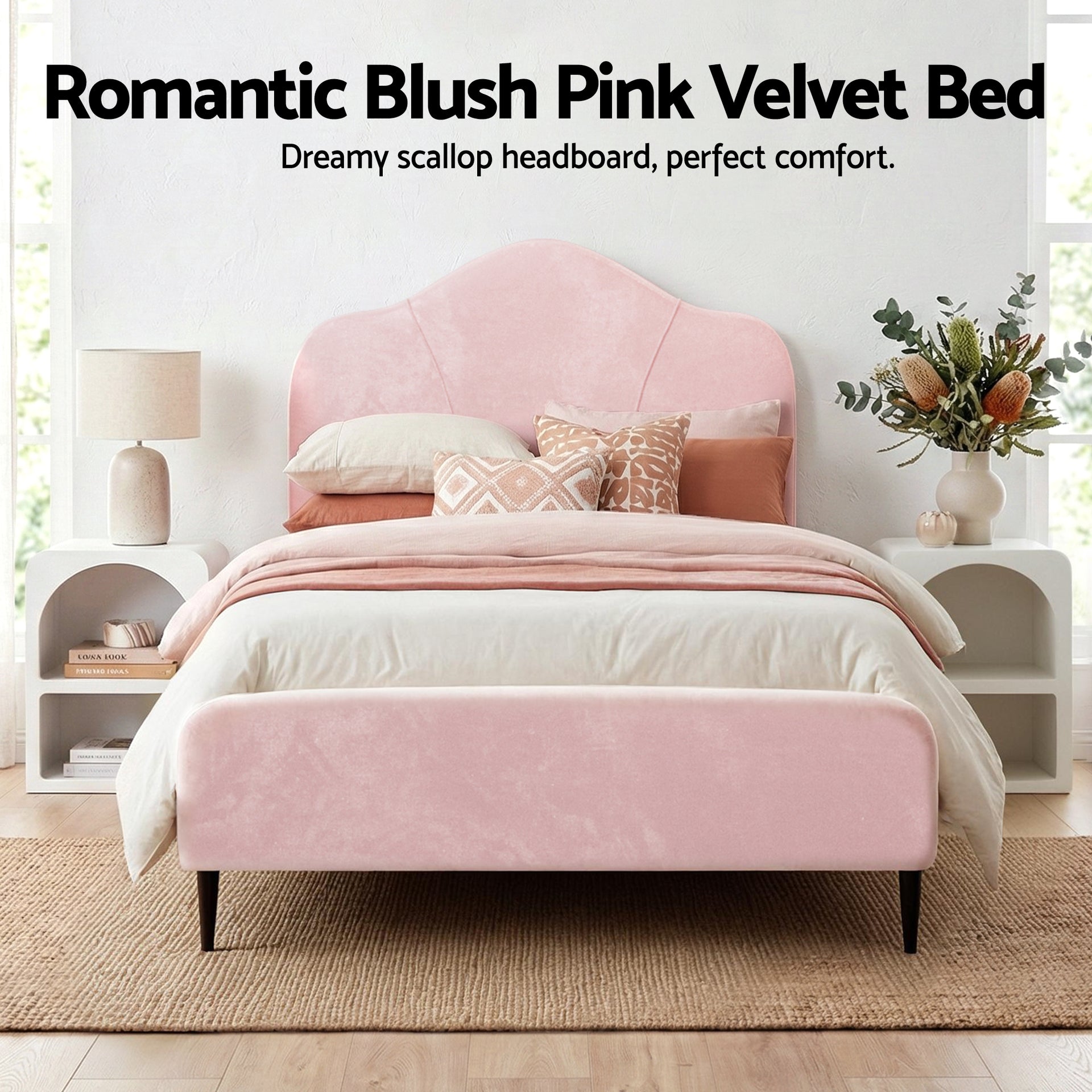 Artiss King Single Storage Bed Frame Velvet with Bedside Table Pink Awezingly