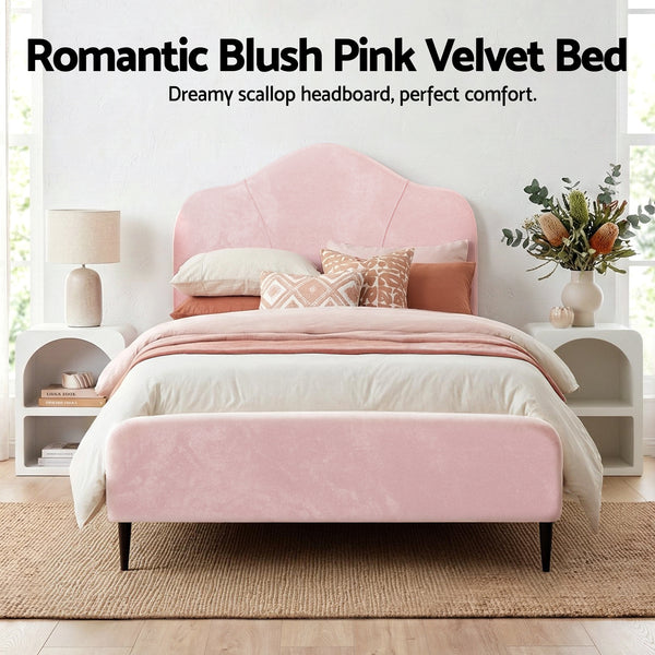 Artiss King Single Storage Bed Frame Velvet with Bedside Table Pink Awezingly