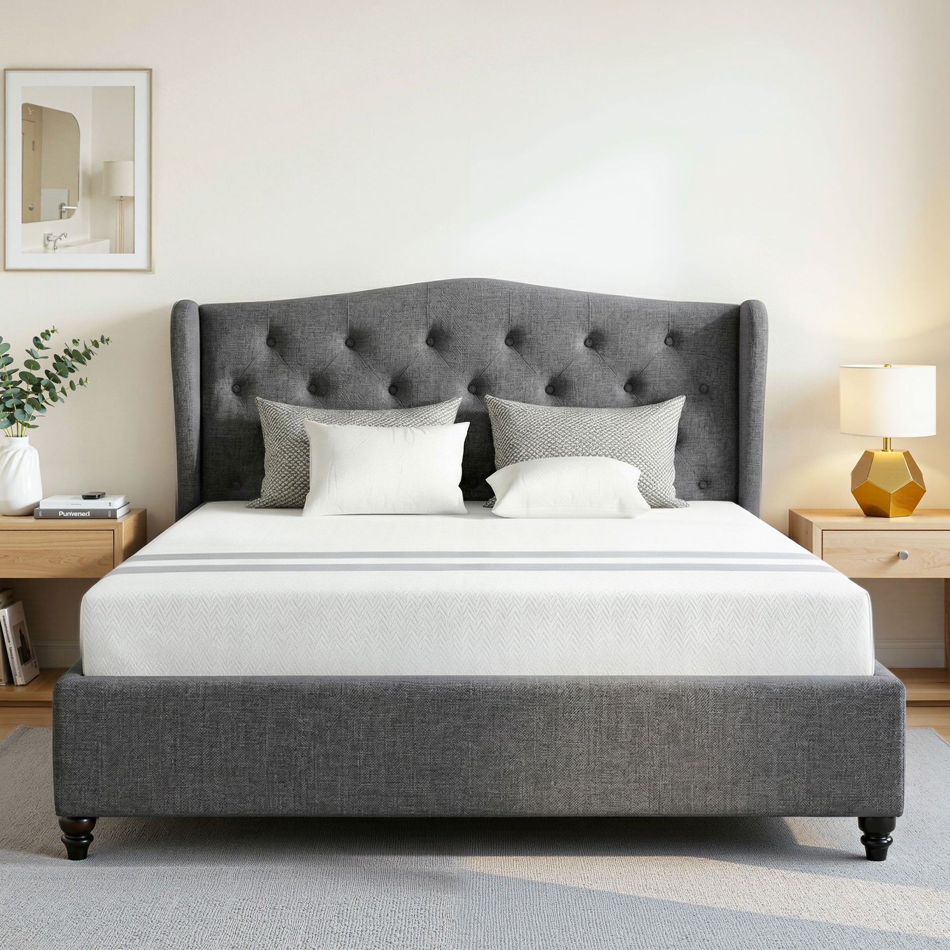 Artiss and BedStory Double Bed Frame and Mattress Set Memory Foam Cooling Gel Medium Soft Tufted Wing Headboard Grey Awezingly