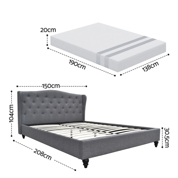Artiss and BedStory Double Bed Frame and Mattress Set Memory Foam Cooling Gel Medium Soft Tufted Wing Headboard Grey Awezingly