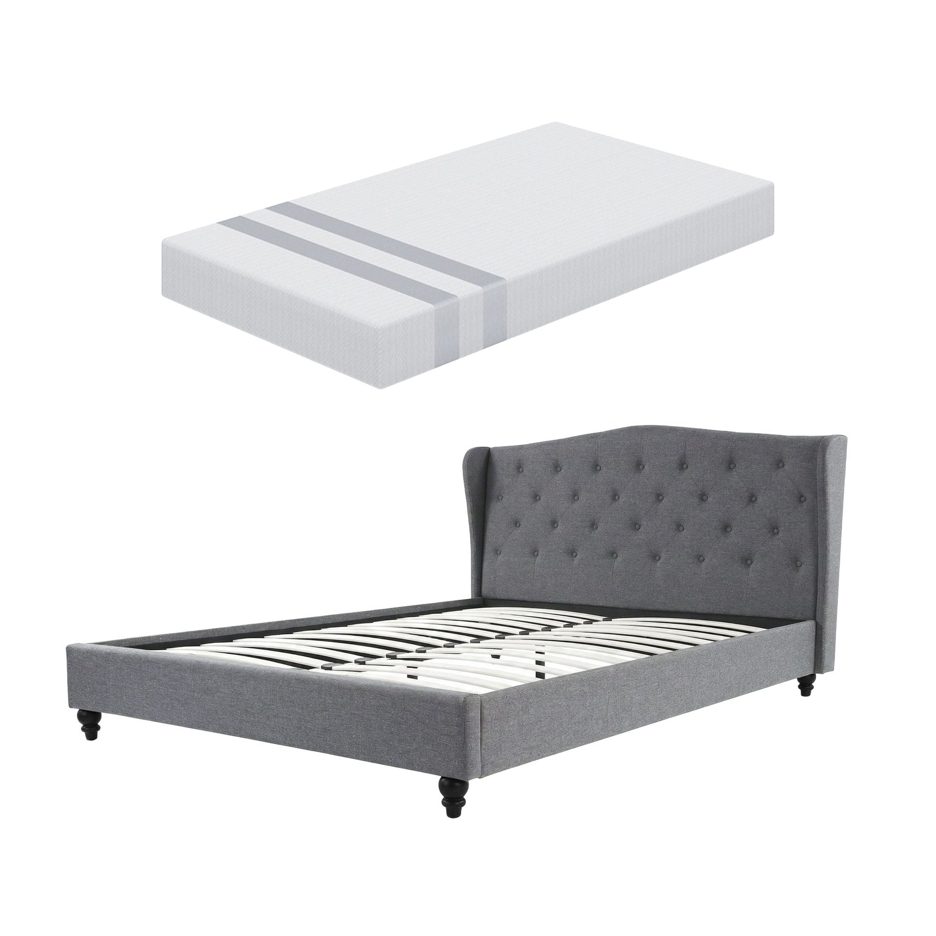 Artiss and BedStory Double Bed Frame and Mattress Set Memory Foam Cooling Gel Medium Soft Tufted Wing Headboard Grey Awezingly