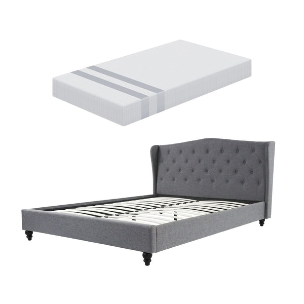 Artiss and BedStory Double Bed Frame and Mattress Set Memory Foam Cooling Gel Medium Soft Tufted Wing Headboard Grey Awezingly