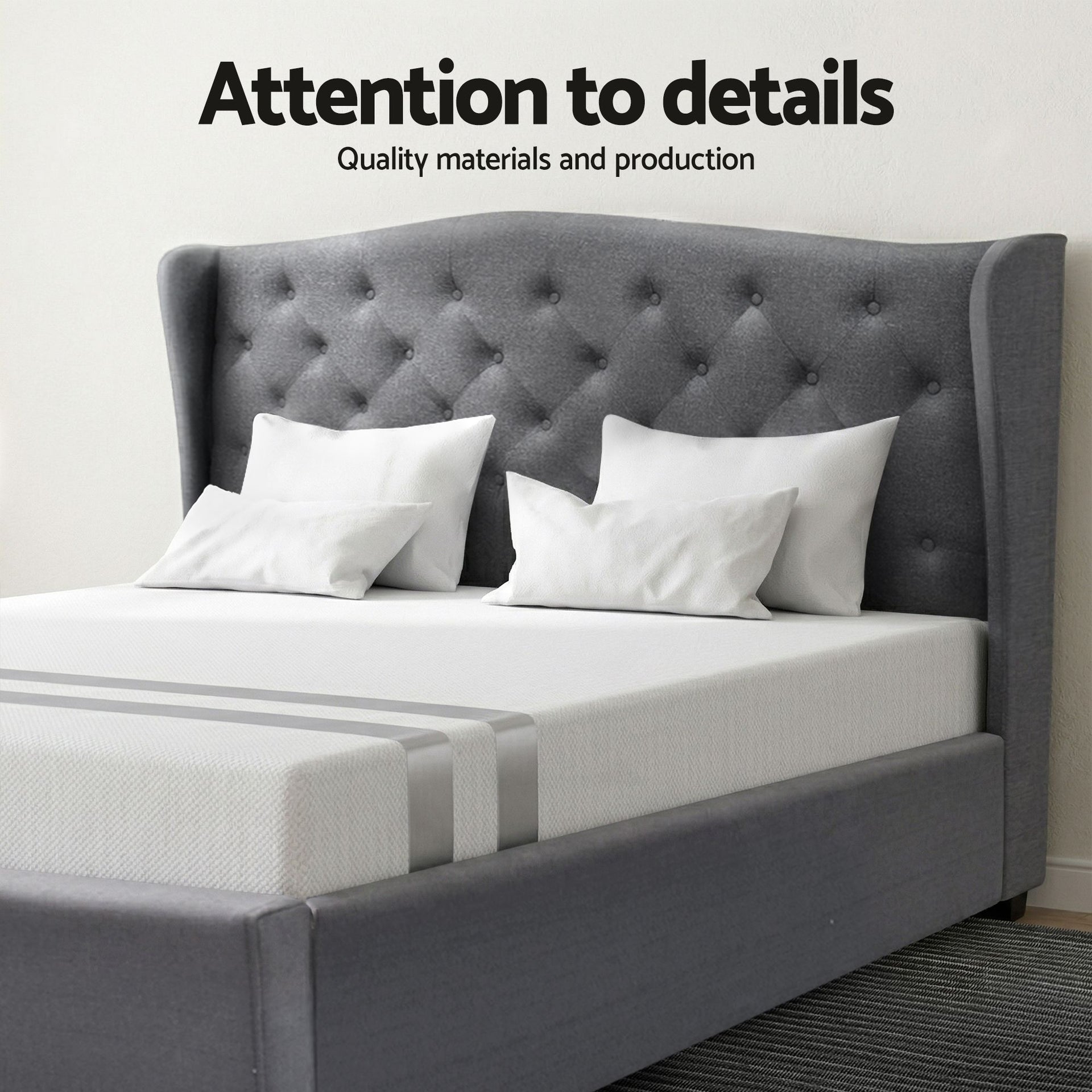 Artiss and BedStory Double Bed Frame and Mattress Set Memory Foam Cooling Gel Medium Soft Tufted Wing Headboard Grey Awezingly