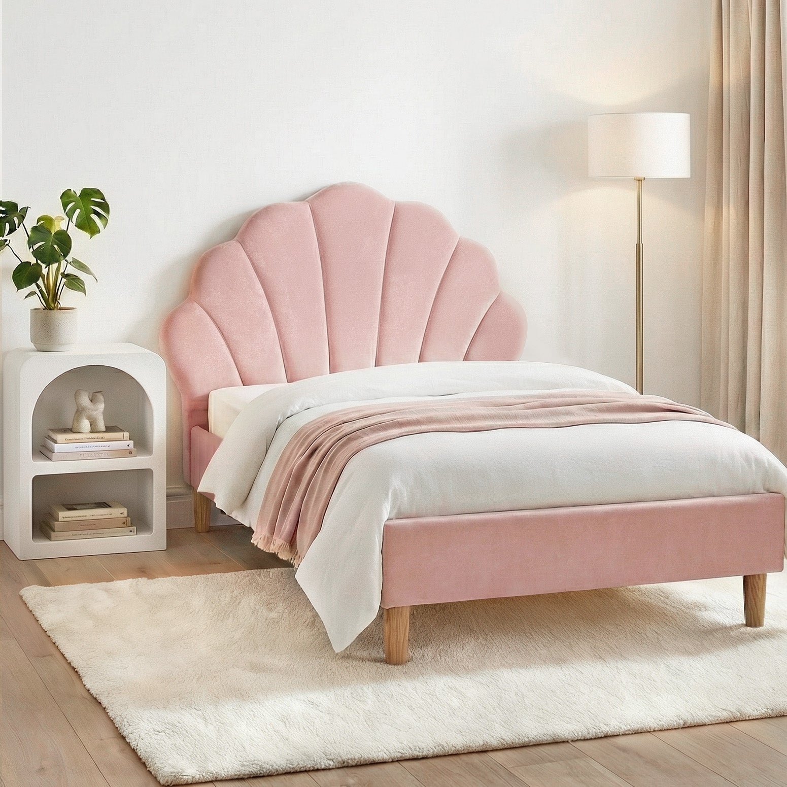 Artiss Bed Frame King Single with Bedside Table Set Scallop Headboard Pink Velvet Fabric Beds Base Awezingly