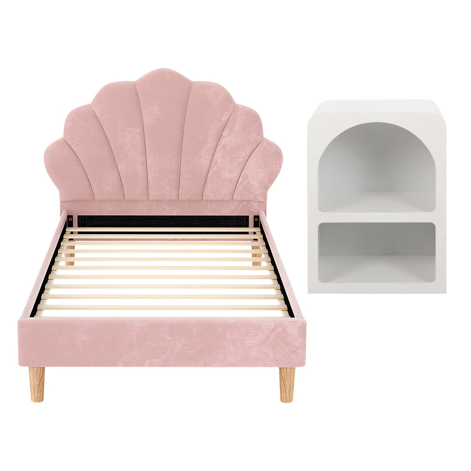 Artiss Bed Frame King Single with Bedside Table Set Scallop Headboard Pink Velvet Fabric Beds Base Awezingly