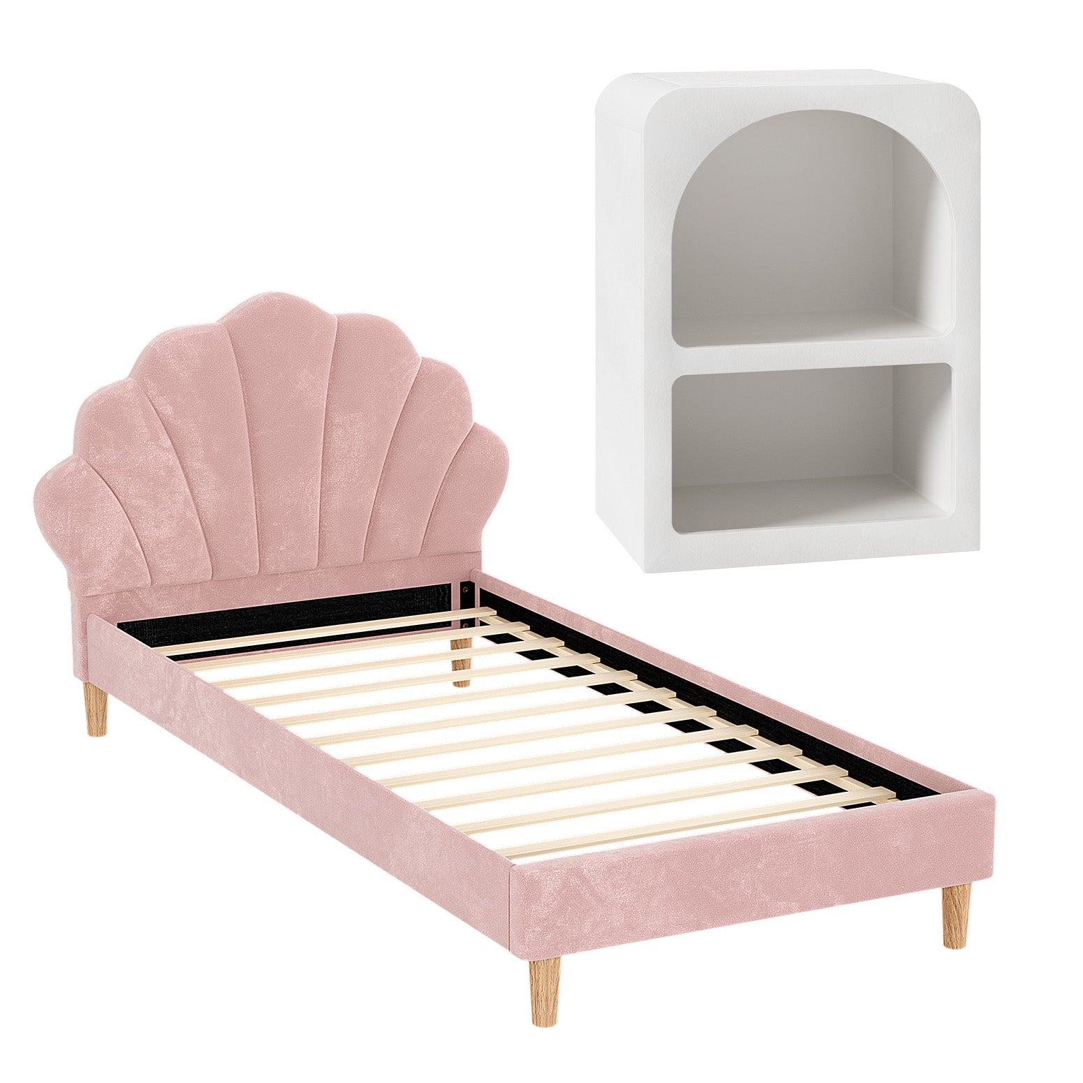 Artiss Bed Frame King Single with Bedside Table Set Scallop Headboard Pink Velvet Fabric Beds Base Awezingly