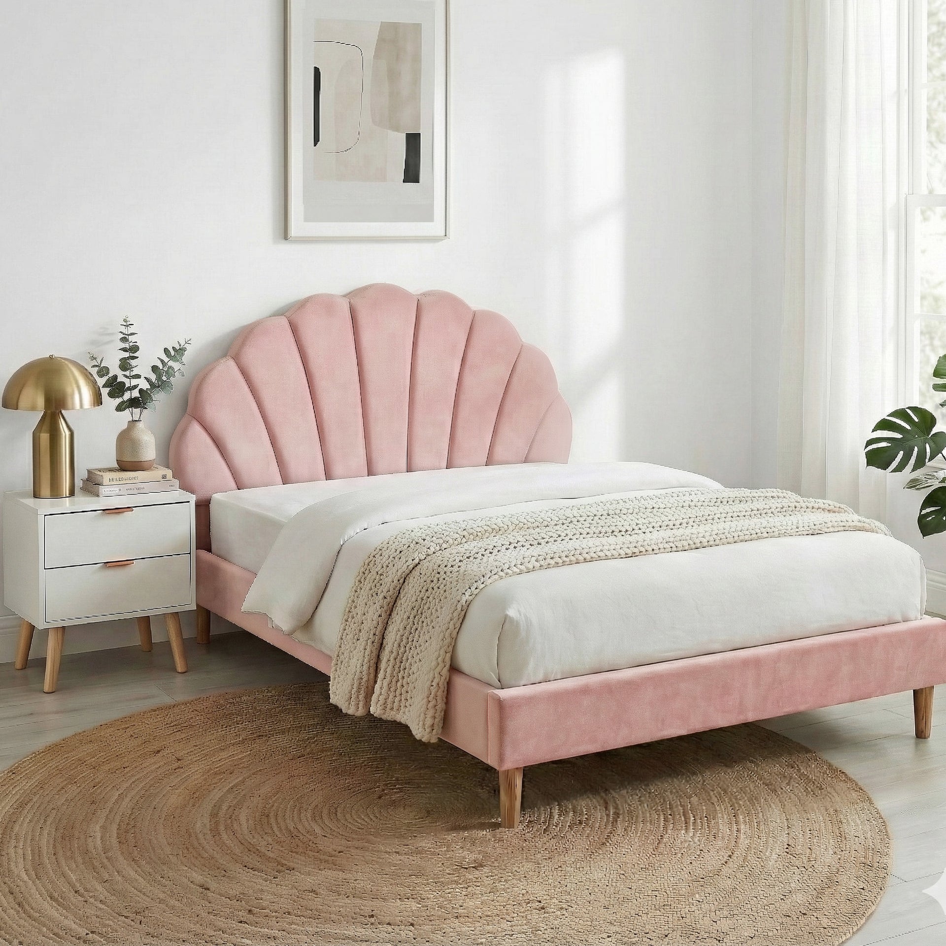 Artiss Double Bed Frame Scallop Headboard Pink Velvet with 2 Drawer Bedside Table Awezingly