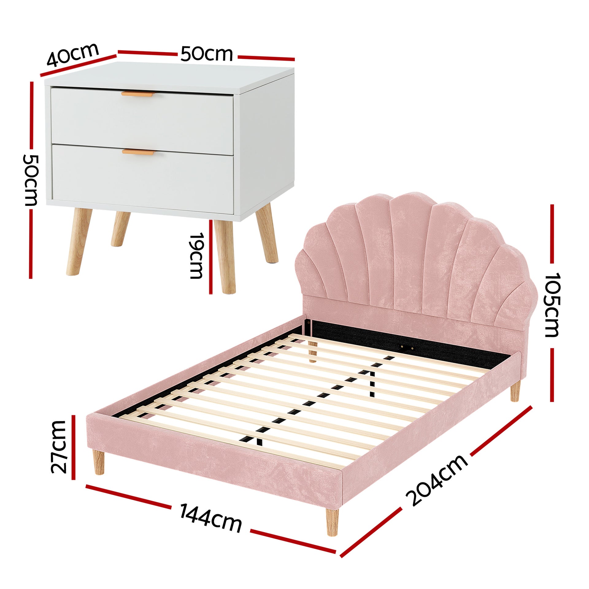 Artiss Double Bed Frame Scallop Headboard Pink Velvet with 2 Drawer Bedside Table Awezingly