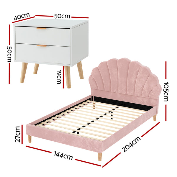 Artiss Double Bed Frame Scallop Headboard Pink Velvet with 2 Drawer Bedside Table Awezingly