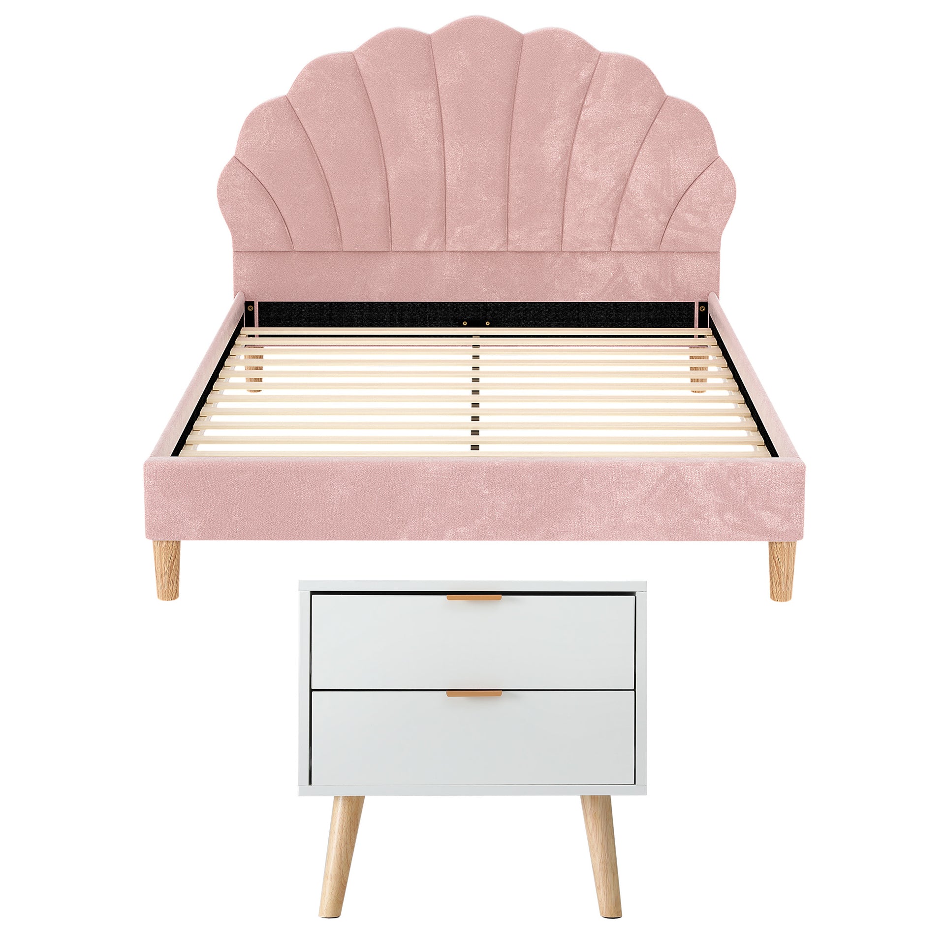 Artiss Double Bed Frame Scallop Headboard Pink Velvet with 2 Drawer Bedside Table Awezingly