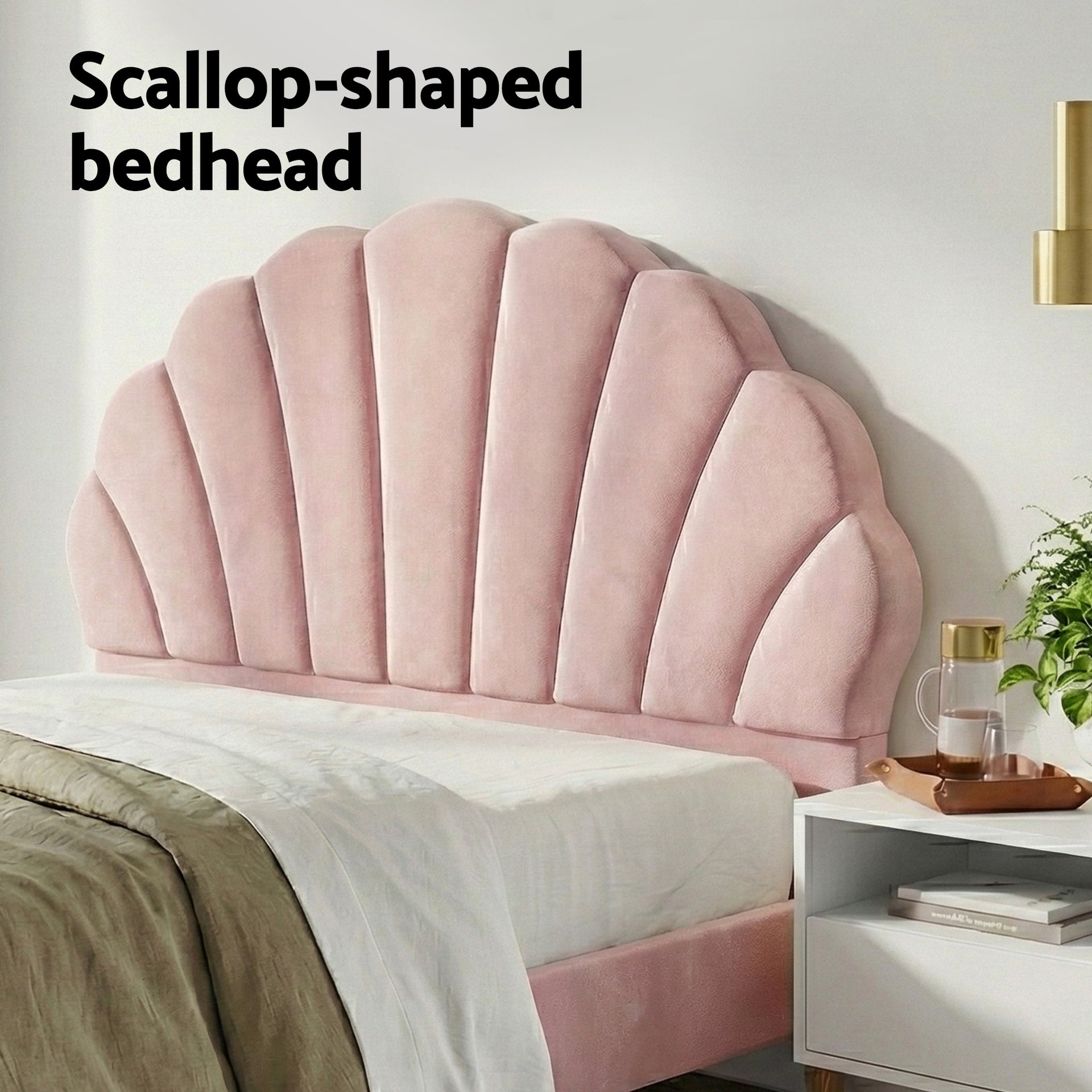 Artiss Double Bed Frame Scallop Headboard Pink Velvet with 2 Drawer Bedside Table Awezingly