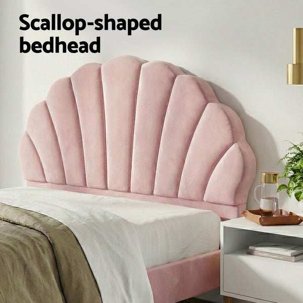 Artiss Double Bed Frame Scallop Headboard Pink Velvet with 2 Drawer Bedside Table Awezingly