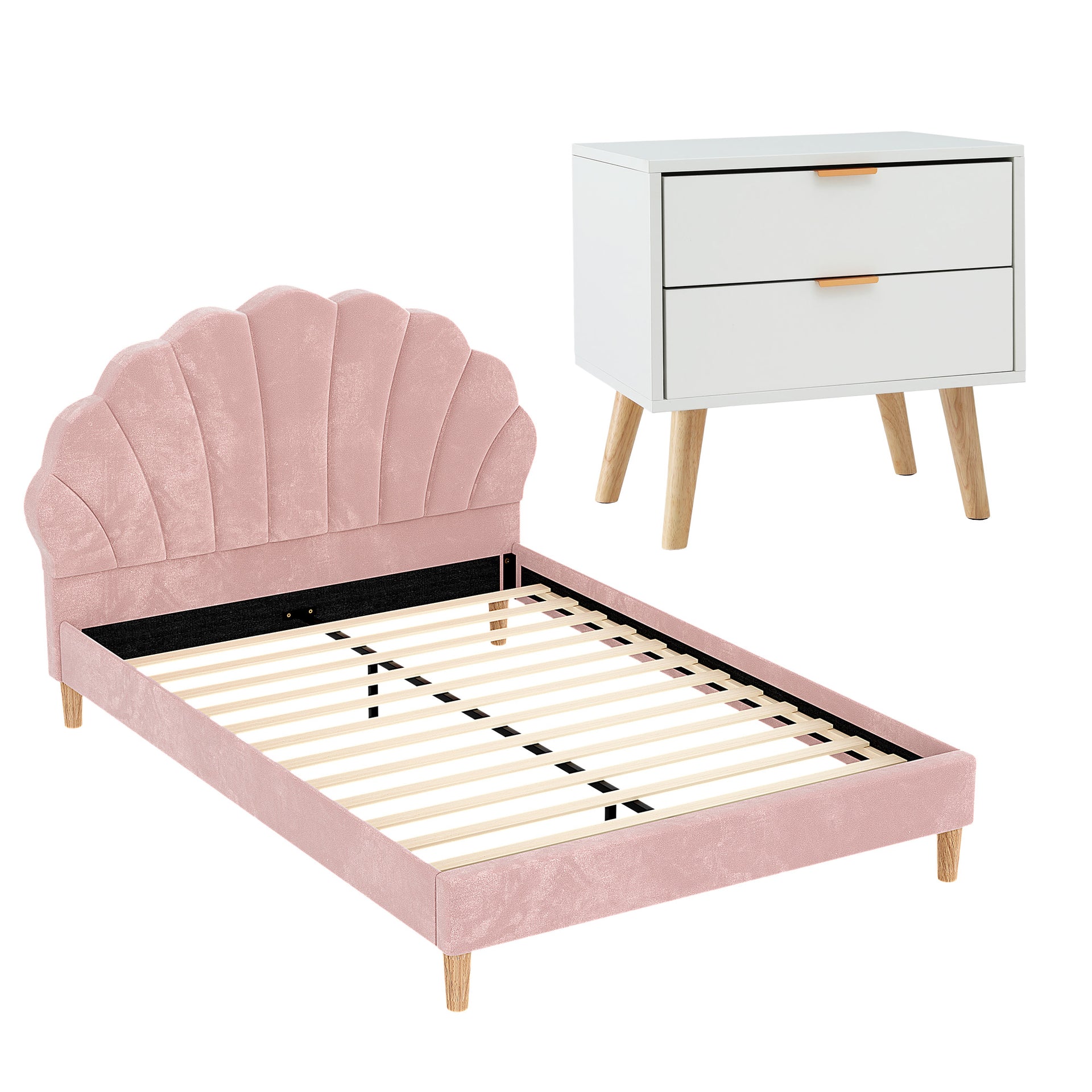 Artiss Double Bed Frame Scallop Headboard Pink Velvet with 2 Drawer Bedside Table Awezingly