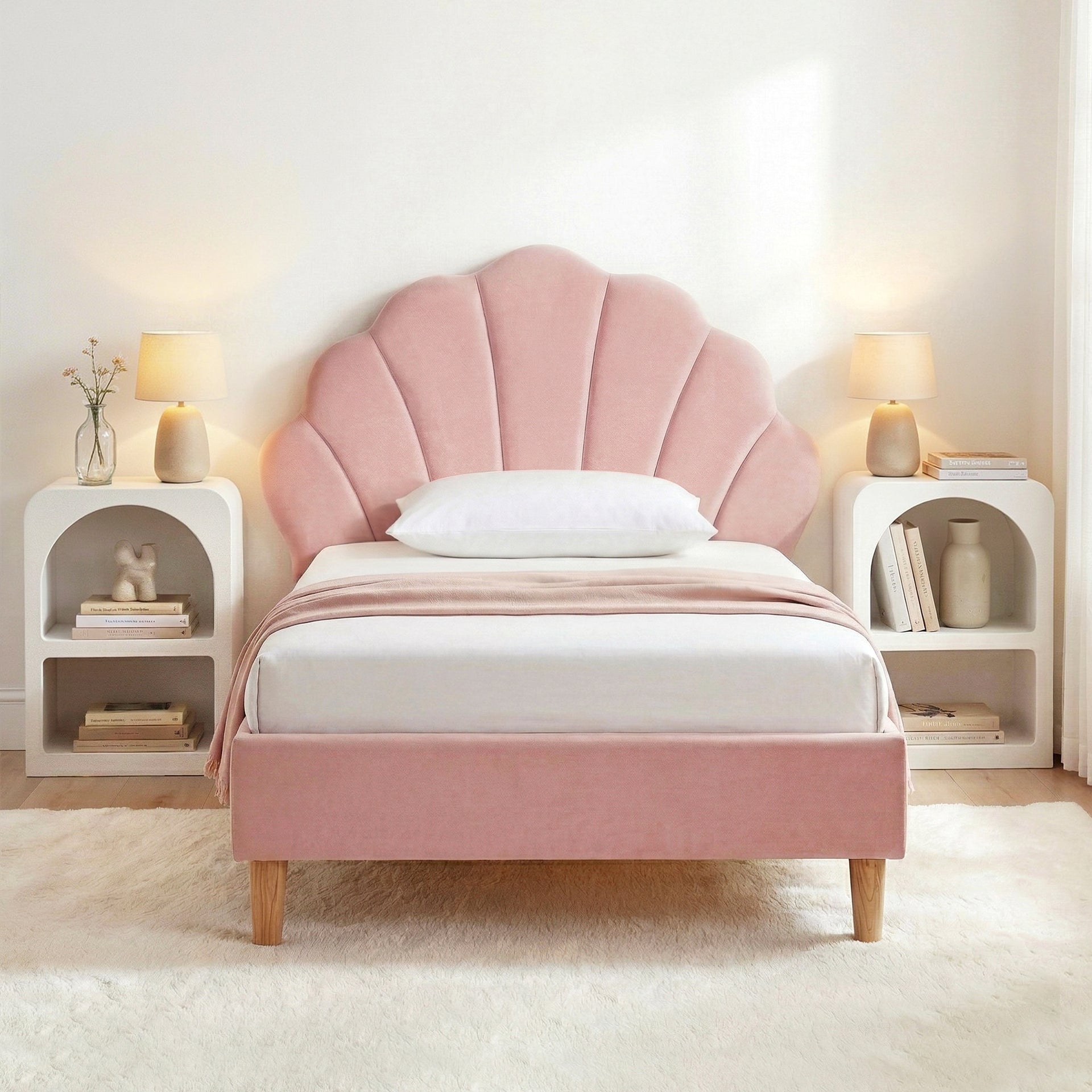 Artiss Bed Frame King Single with 2 Bedside Tables Set Scallop Headboard Pink Velvet Fabric Beds Base Awezingly