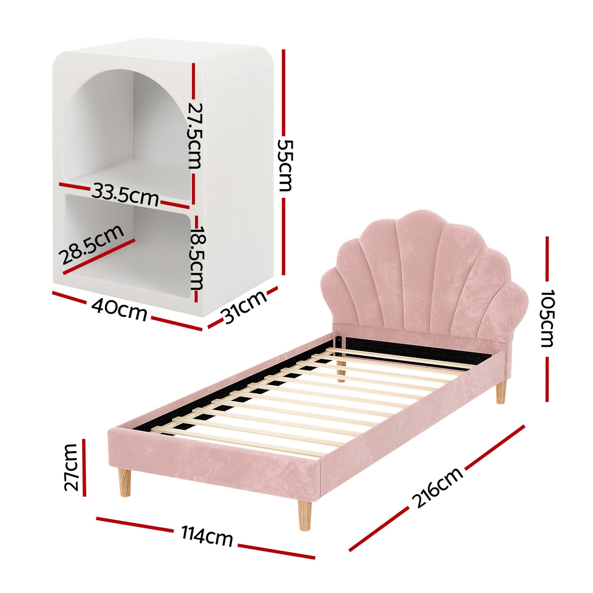 Artiss Bed Frame King Single with 2 Bedside Tables Set Scallop Headboard Pink Velvet Fabric Beds Base Awezingly