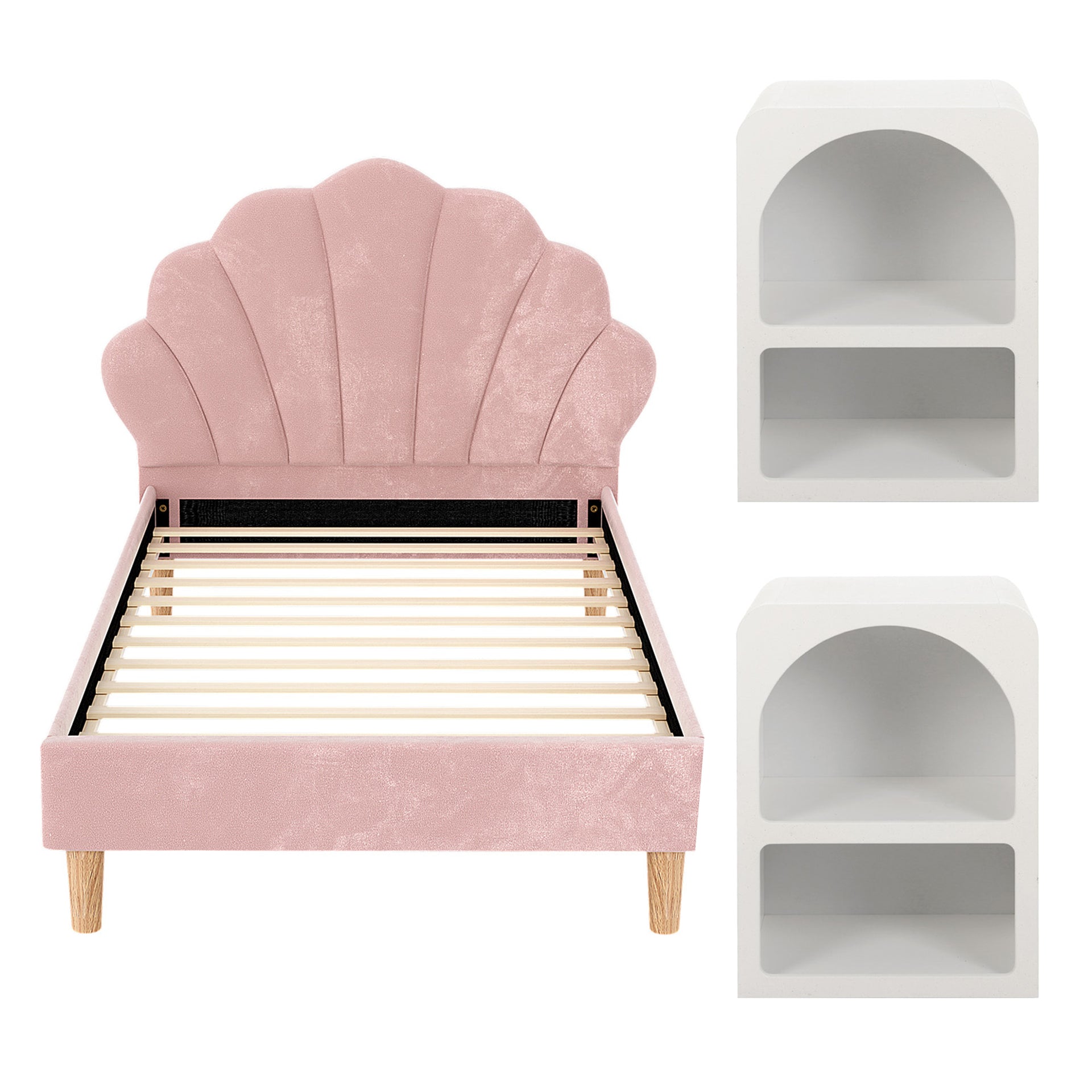 Artiss Bed Frame King Single with 2 Bedside Tables Set Scallop Headboard Pink Velvet Fabric Beds Base Awezingly