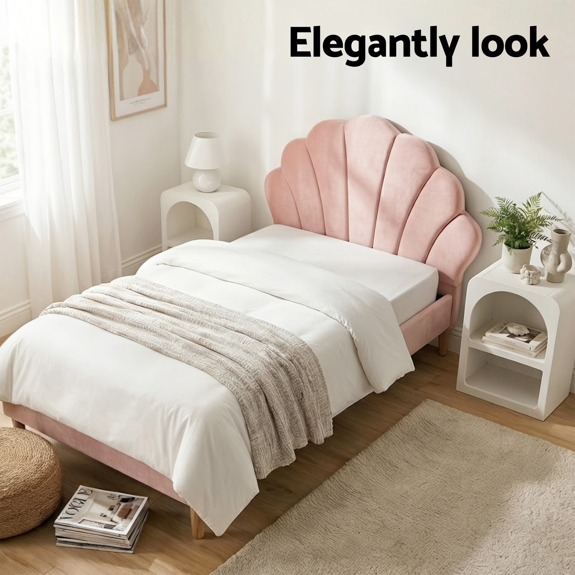 Artiss Bed Frame King Single with 2 Bedside Tables Set Scallop Headboard Pink Velvet Fabric Beds Base Awezingly