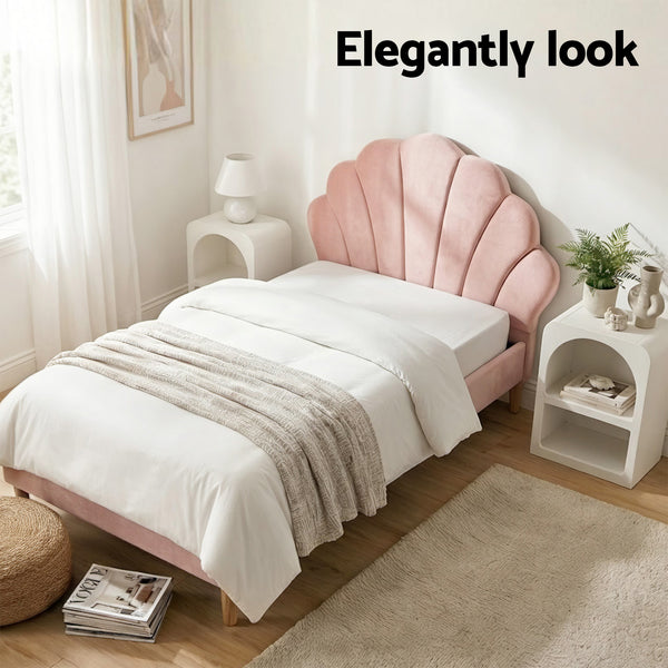 Artiss Bed Frame King Single with 2 Bedside Tables Set Scallop Headboard Pink Velvet Fabric Beds Base Awezingly