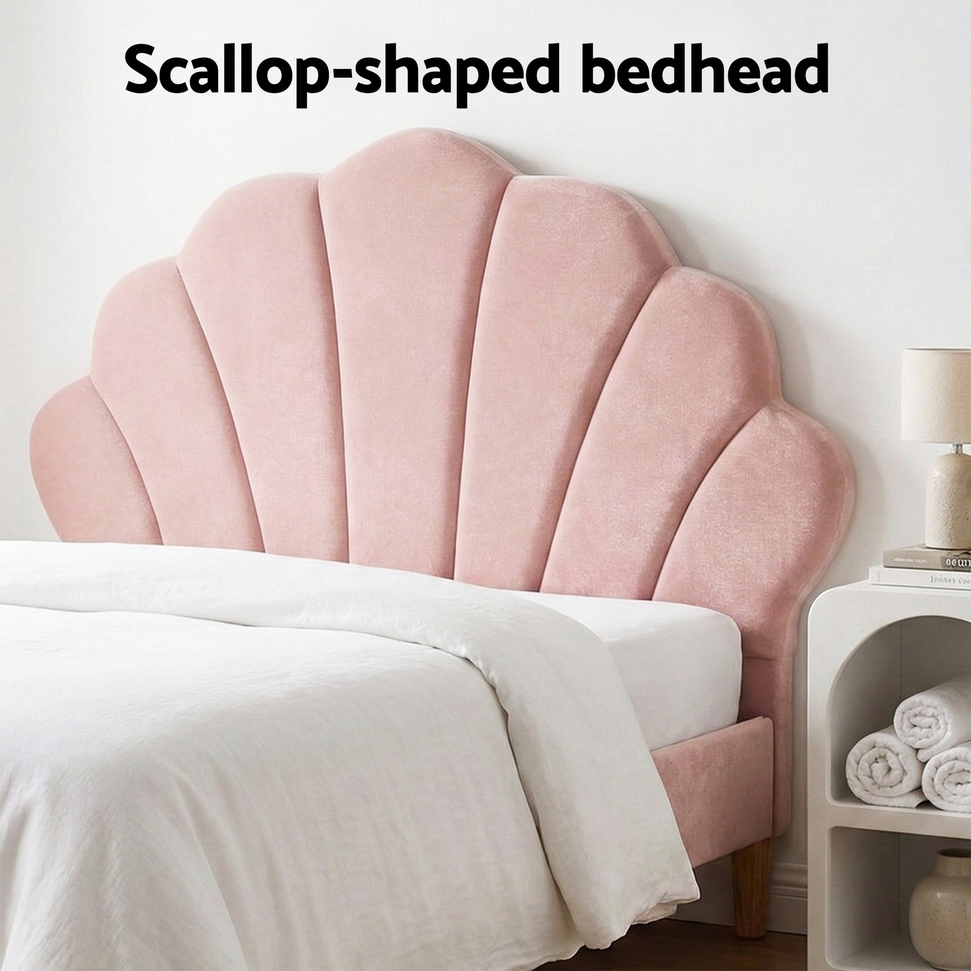 Artiss Bed Frame King Single with 2 Bedside Tables Set Scallop Headboard Pink Velvet Fabric Beds Base Awezingly