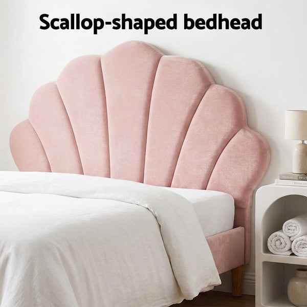 Artiss Bed Frame King Single with 2 Bedside Tables Set Scallop Headboard Pink Velvet Fabric Beds Base Awezingly