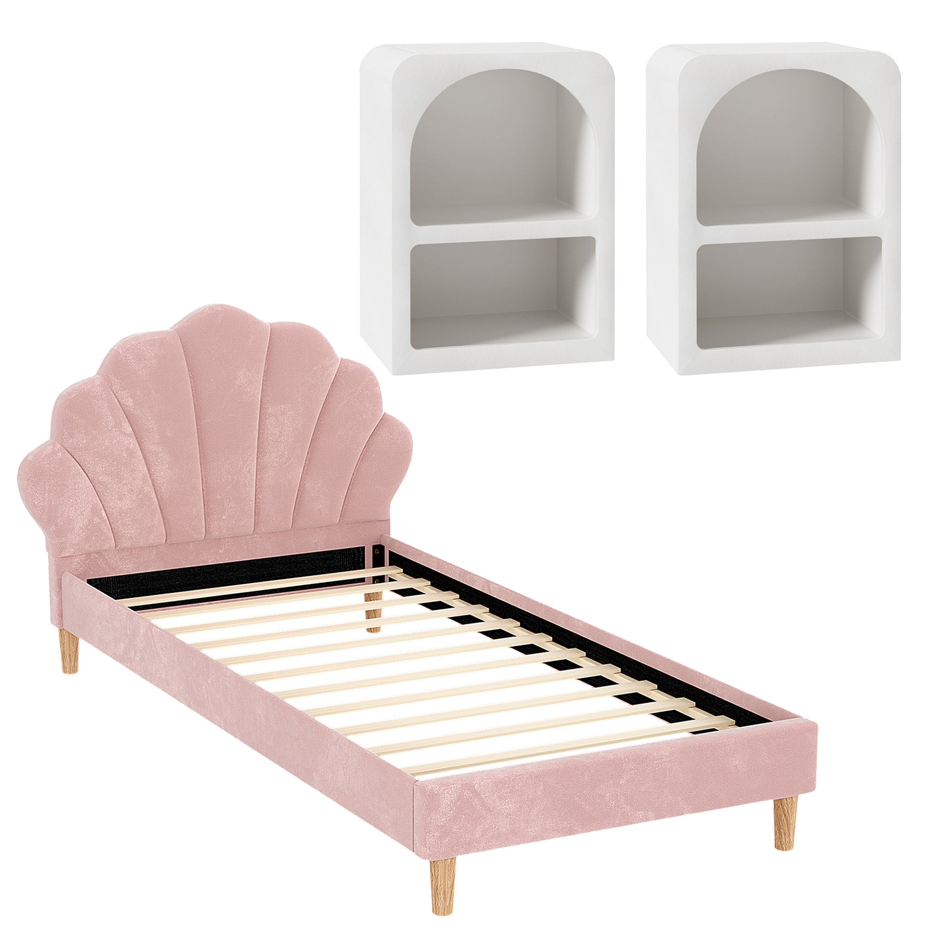 Artiss Bed Frame King Single with 2 Bedside Tables Set Scallop Headboard Pink Velvet Fabric Beds Base Awezingly