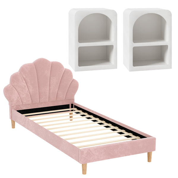 Artiss Bed Frame King Single with 2 Bedside Tables Set Scallop Headboard Pink Velvet Fabric Beds Base Awezingly