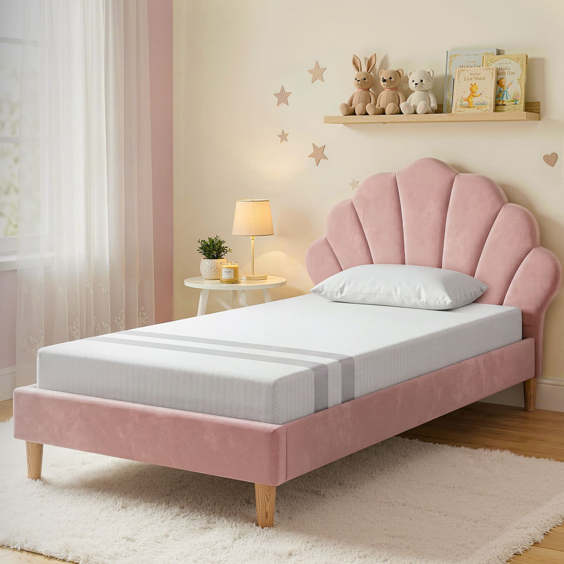 Artiss King Single Bed Frame BedStory Mattress Set Pink Velvet Scallop Bedhead with 20cm Mattress Awezingly