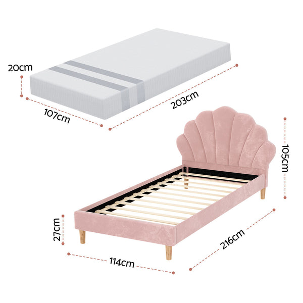 Artiss King Single Bed Frame BedStory Mattress Set Pink Velvet Scallop Bedhead with 20cm Mattress Awezingly