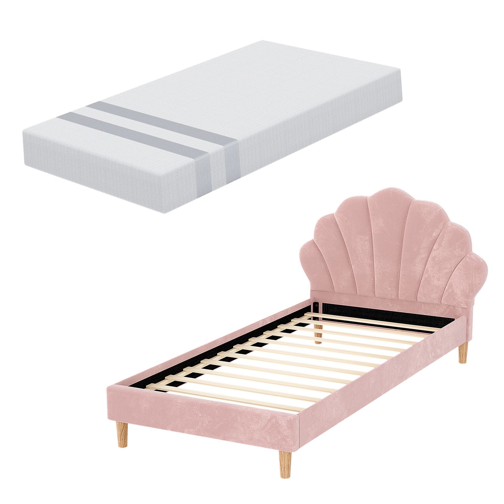 Artiss King Single Bed Frame BedStory Mattress Set Pink Velvet Scallop Bedhead with 20cm Mattress Awezingly