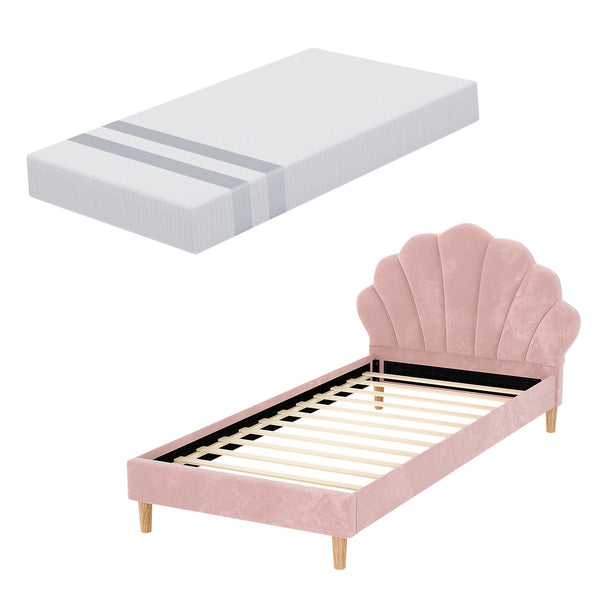 Artiss King Single Bed Frame BedStory Mattress Set Pink Velvet Scallop Bedhead with 20cm Mattress Awezingly