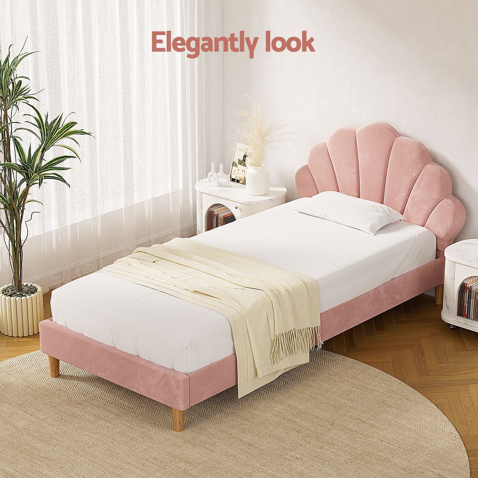 Artiss King Single Bed Frame BedStory Mattress Set Pink Velvet Scallop Bedhead with 20cm Mattress Awezingly