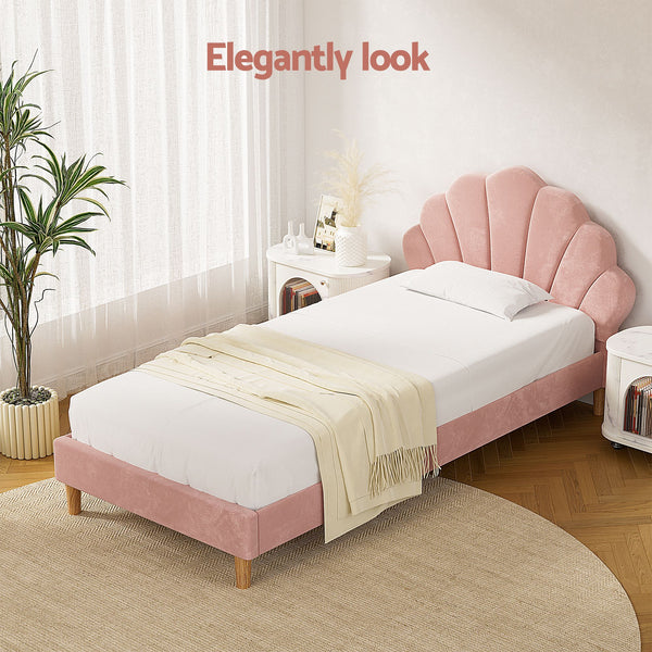 Artiss King Single Bed Frame BedStory Mattress Set Pink Velvet Scallop Bedhead with 20cm Mattress Awezingly