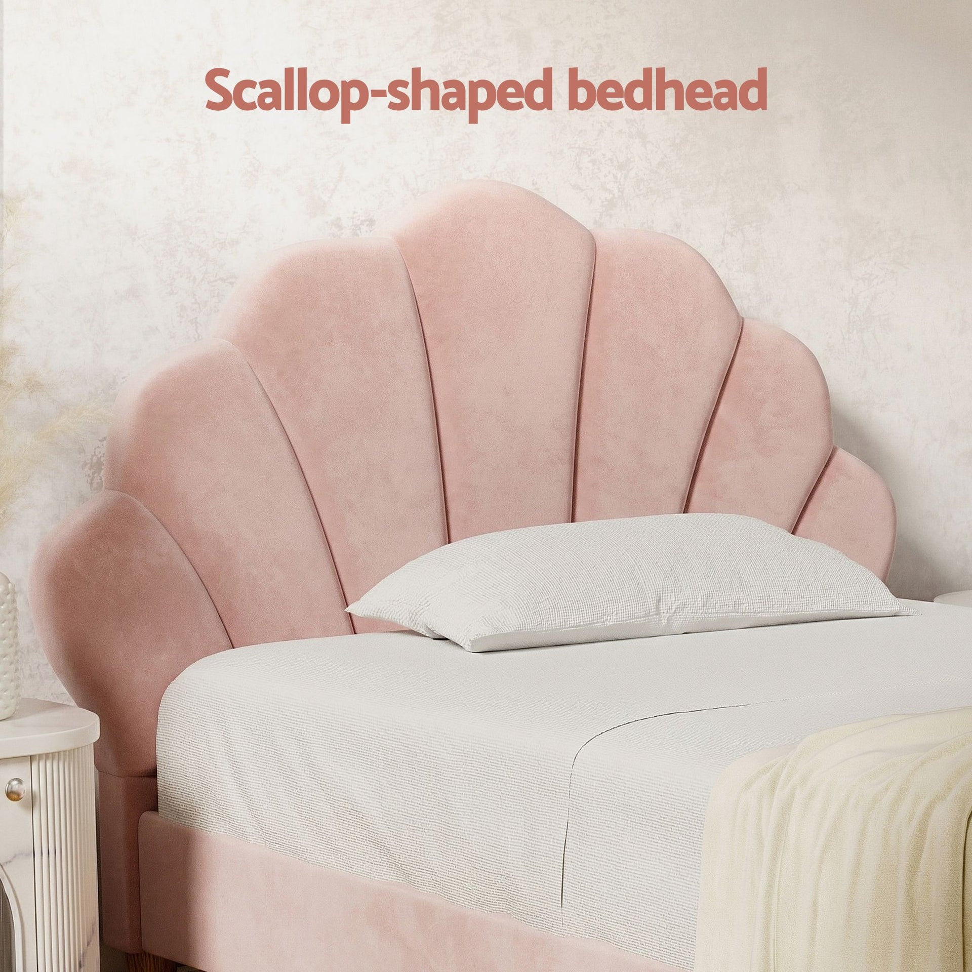 Artiss King Single Bed Frame BedStory Mattress Set Pink Velvet Scallop Bedhead with 20cm Mattress Awezingly
