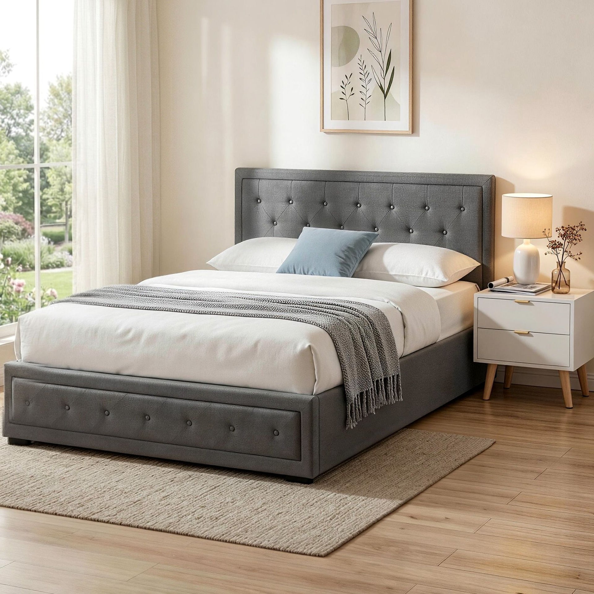 Artiss Upholstered Queen Gas Lift Storage Bed Frame with 2-Drawer Bedside Table Set Awezingly
