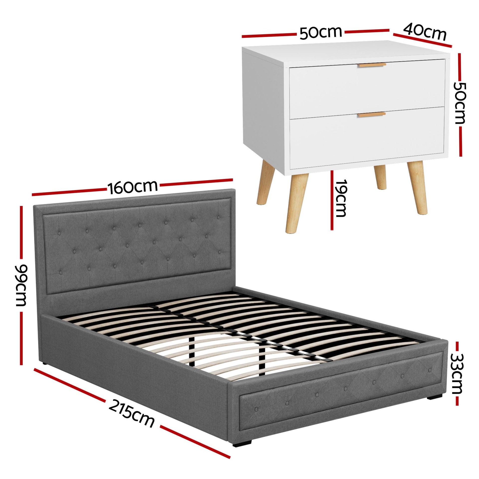 Artiss Upholstered Queen Gas Lift Storage Bed Frame with 2-Drawer Bedside Table Set Awezingly