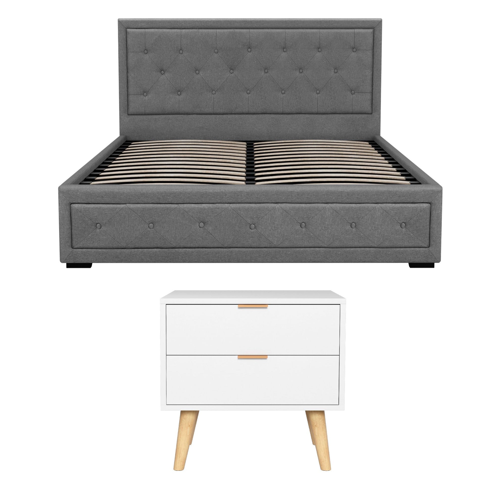 Artiss Upholstered Queen Gas Lift Storage Bed Frame with 2-Drawer Bedside Table Set Awezingly