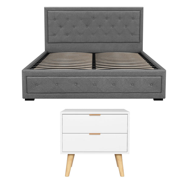 Artiss Upholstered Queen Gas Lift Storage Bed Frame with 2-Drawer Bedside Table Set Awezingly